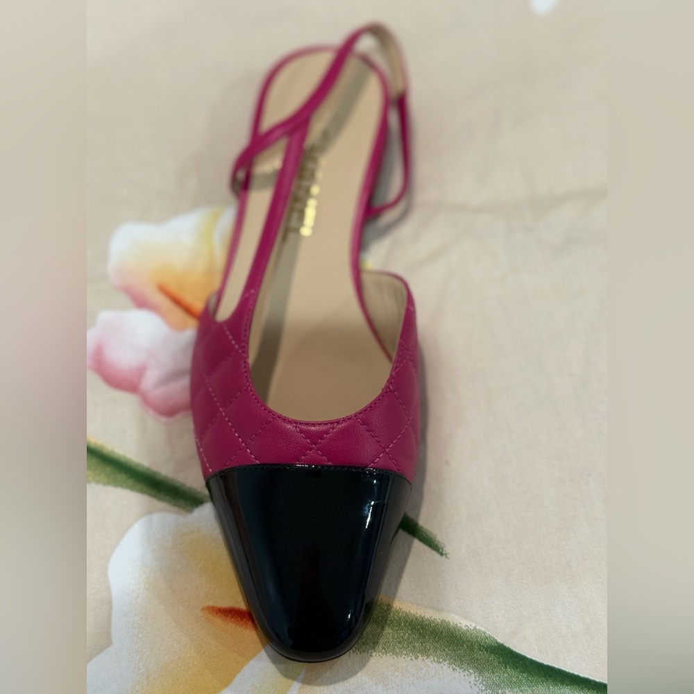 New CHANEL Fuchsia and Black Quilted Slingback Lambskin Flats 37/7 - Picture 10 of 16